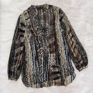 Hale Bob Snake Print Stud V-Neck Blouse Shirt